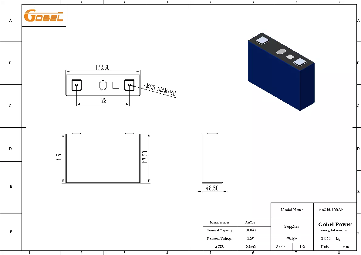 ANC 100Ah LiFePO4 Battery Cell CAD Drawing with Dimensions and Main Parameters