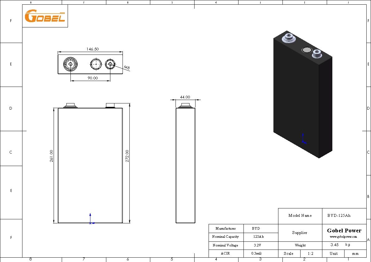 BYD 125Ah LiFePO4 Battery Cell CAD Drawing with Dimensions and Main Parameters
