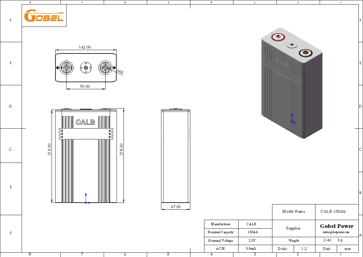 CALB 100Ah LiFePO4 Battery Cell CAD Drawing with Dimensions and Main Parameters