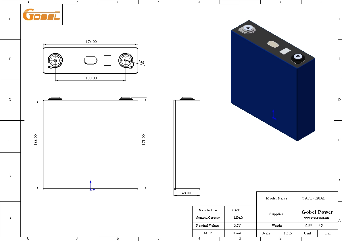CATL 120Ah LiFePO4 Battery Cell CAD Drawing with Dimensions and Main Parameters