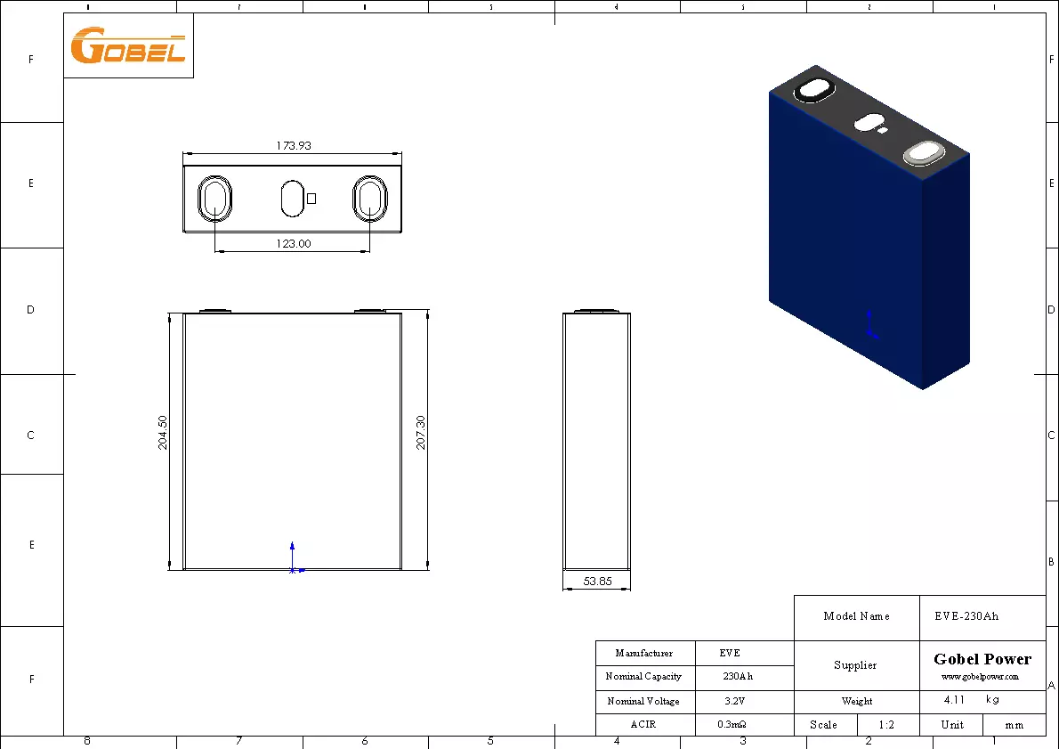 EVE 230Ah LiFePO4 Battery Cell CAD Drawing with Dimensions and Main Parameters