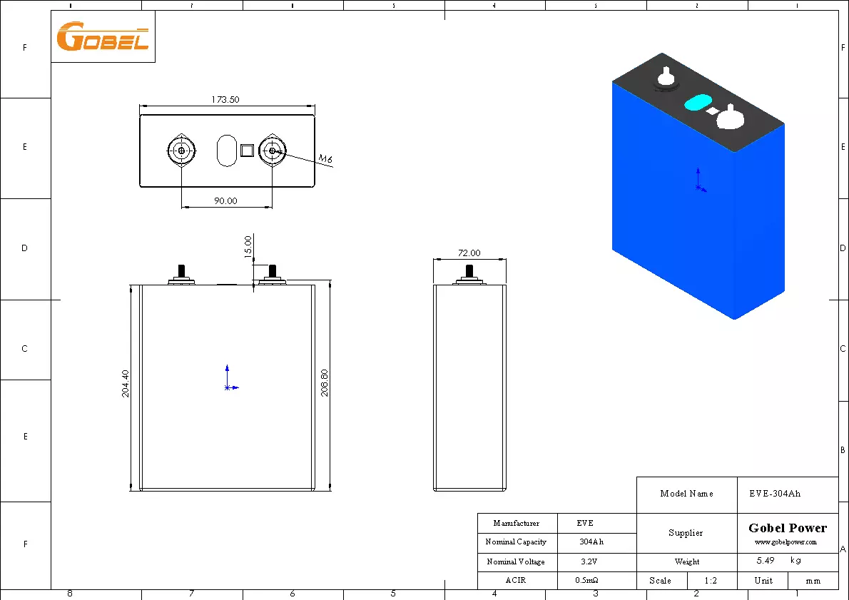 EVE 230Ah LiFePO4 Battery Cell CAD Drawing with Dimensions and Main Parameters