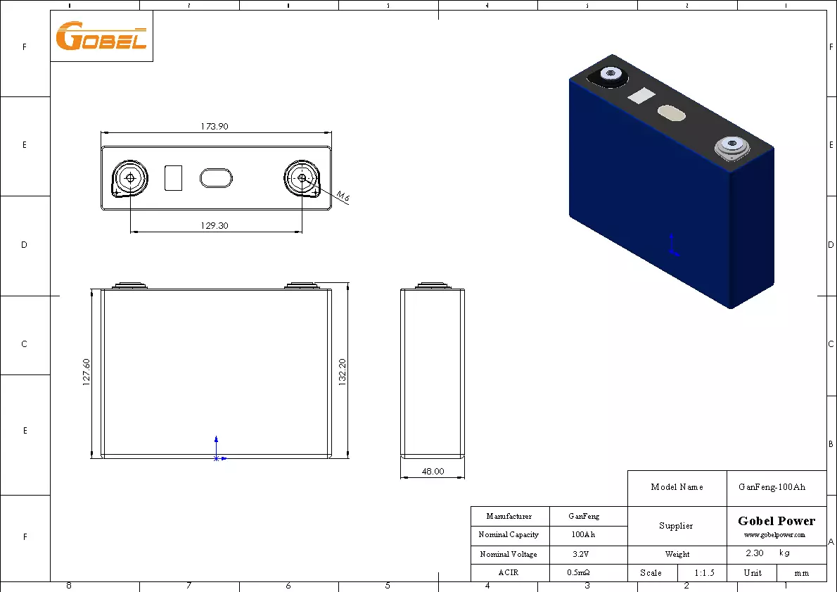 GanFeng 100Ah LiFePO4 Battery Cell CAD Drawing with Dimensions and Main Parameters