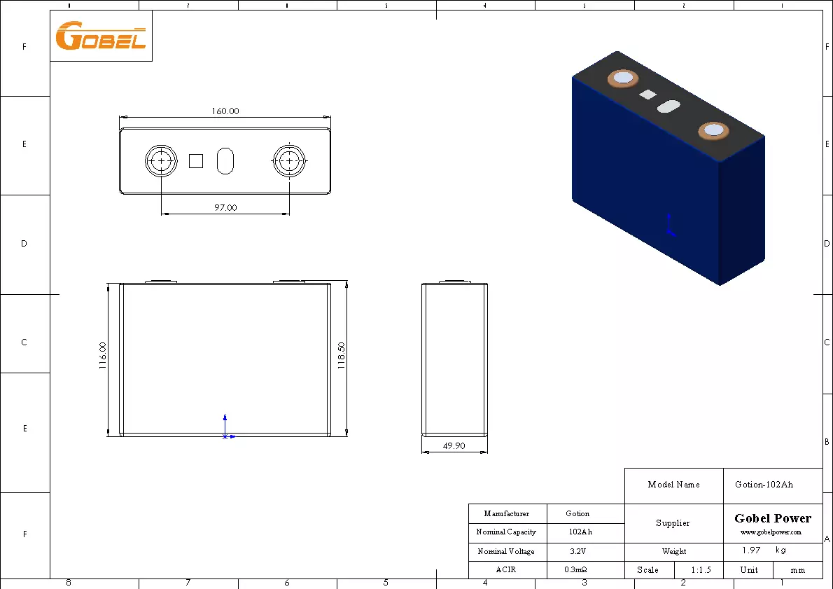 EVE 230Ah LiFePO4 Battery Cell CAD Drawing with Dimensions and Main Parameters