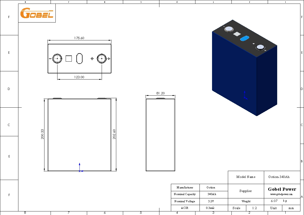 Gotion 340Ah LiFePO4 Battery Cell CAD Drawing with Dimensions and Main Parameters