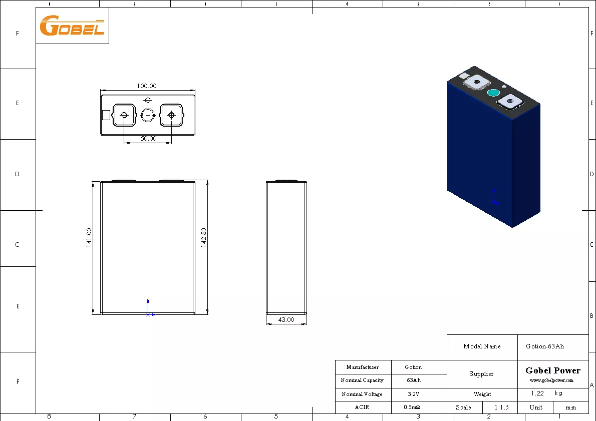 Gotion 63Ah LiFePO4 Battery Cell CAD Drawing with Dimensions and Main Parameters