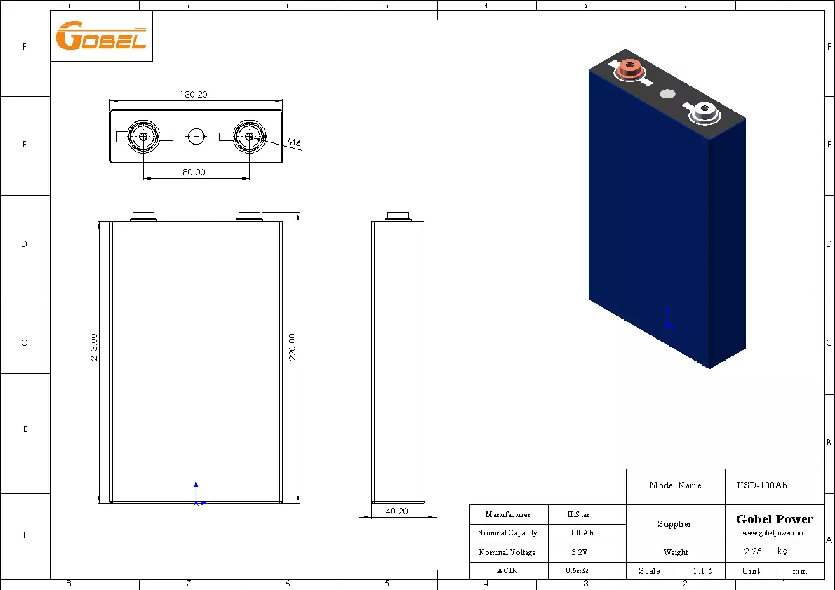 HiStar 100Ah LiFePO4 Battery Cell CAD Drawing with Dimensions and Main Parameters