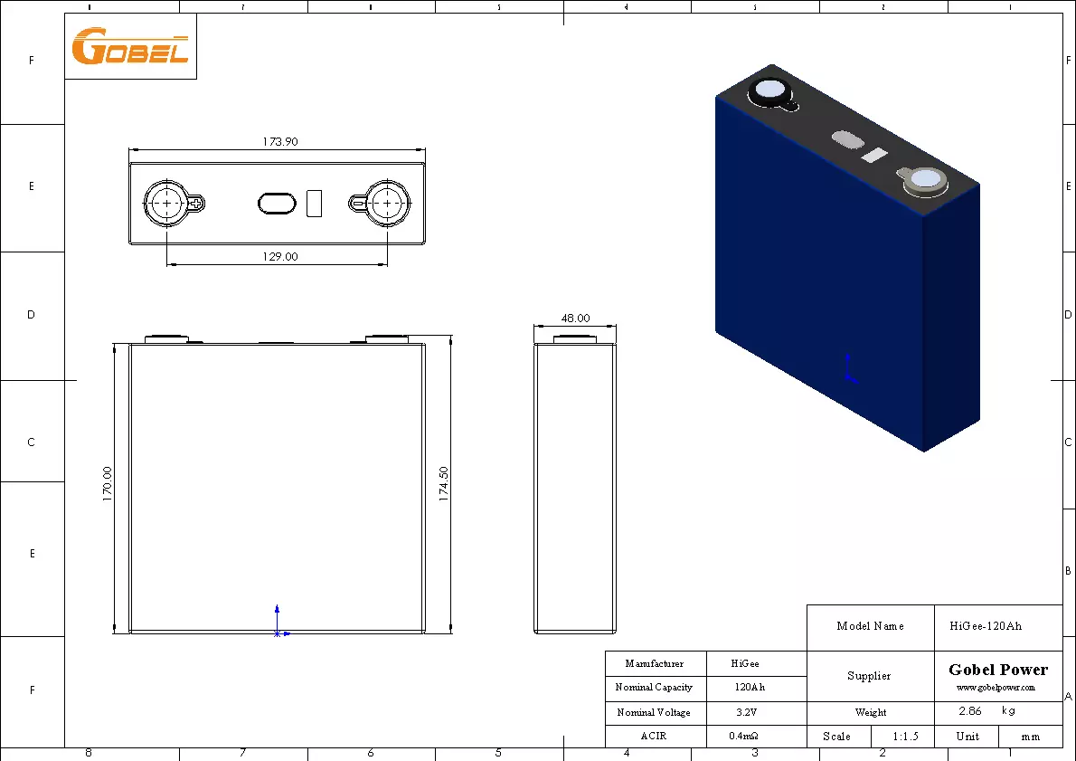HiGee 120Ah LiFePO4 Battery Cell CAD Drawing with Dimensions and Main Parameters