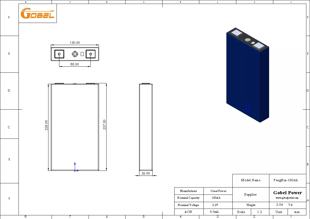 Great Power 100Ah LiFePO4 Battery Cell CAD Drawing with Dimensions and Main Parameters