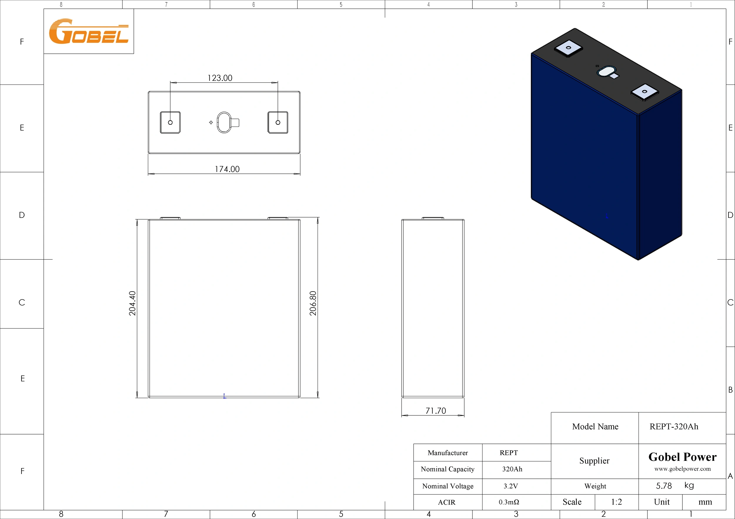 EVE 320Ah LiFePO4 Battery Cell CAD Drawing with Dimensions and Main Parameters