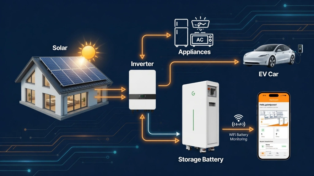 Gobel Power home energy storage system diagram — solar to battery to home loads