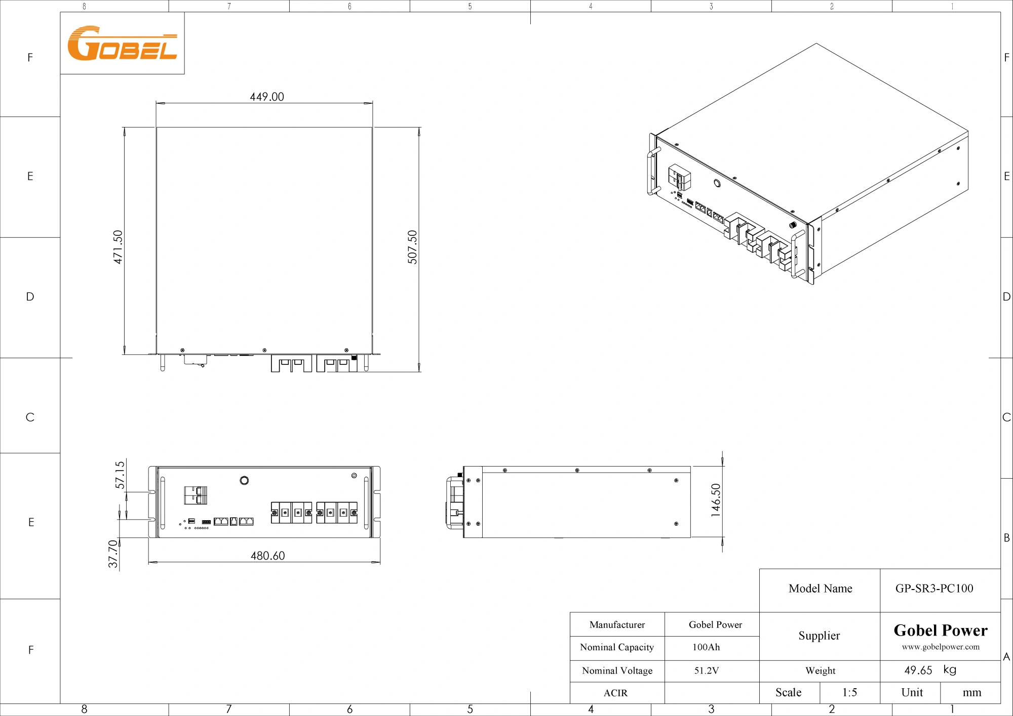 51.2v-100ah-GP-SR3-PC100-server-rack-lifepo4-battery-dimension