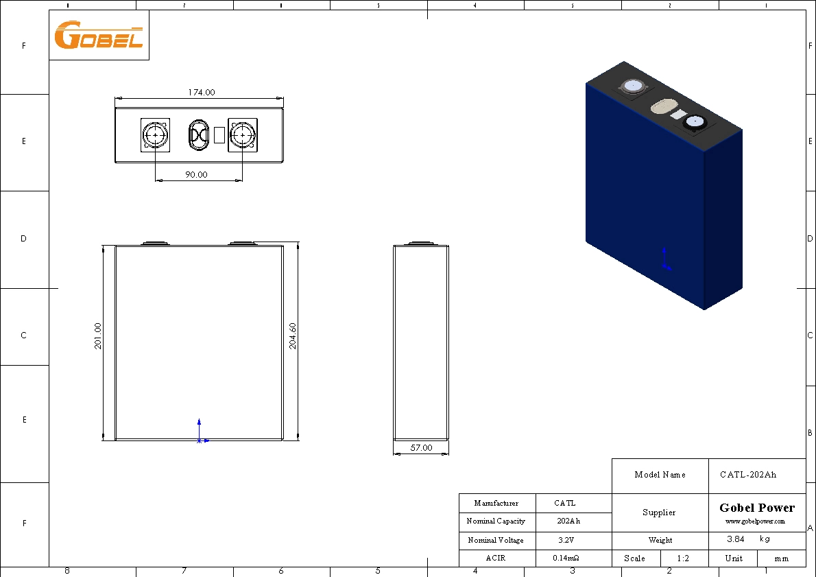 CATL 202Ah LiFePO4 Battery Cell CAD Drawing with Dimensions and Main Parameters