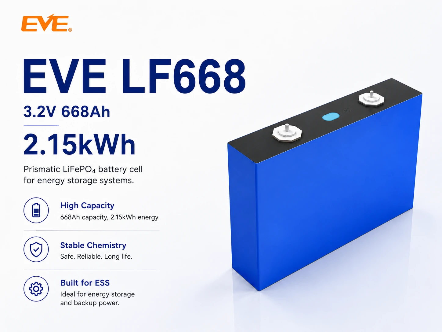 EVE LF668 3.2V 668Ah 2.15kWh prismatic LiFePO4 battery cell for energy storage systems