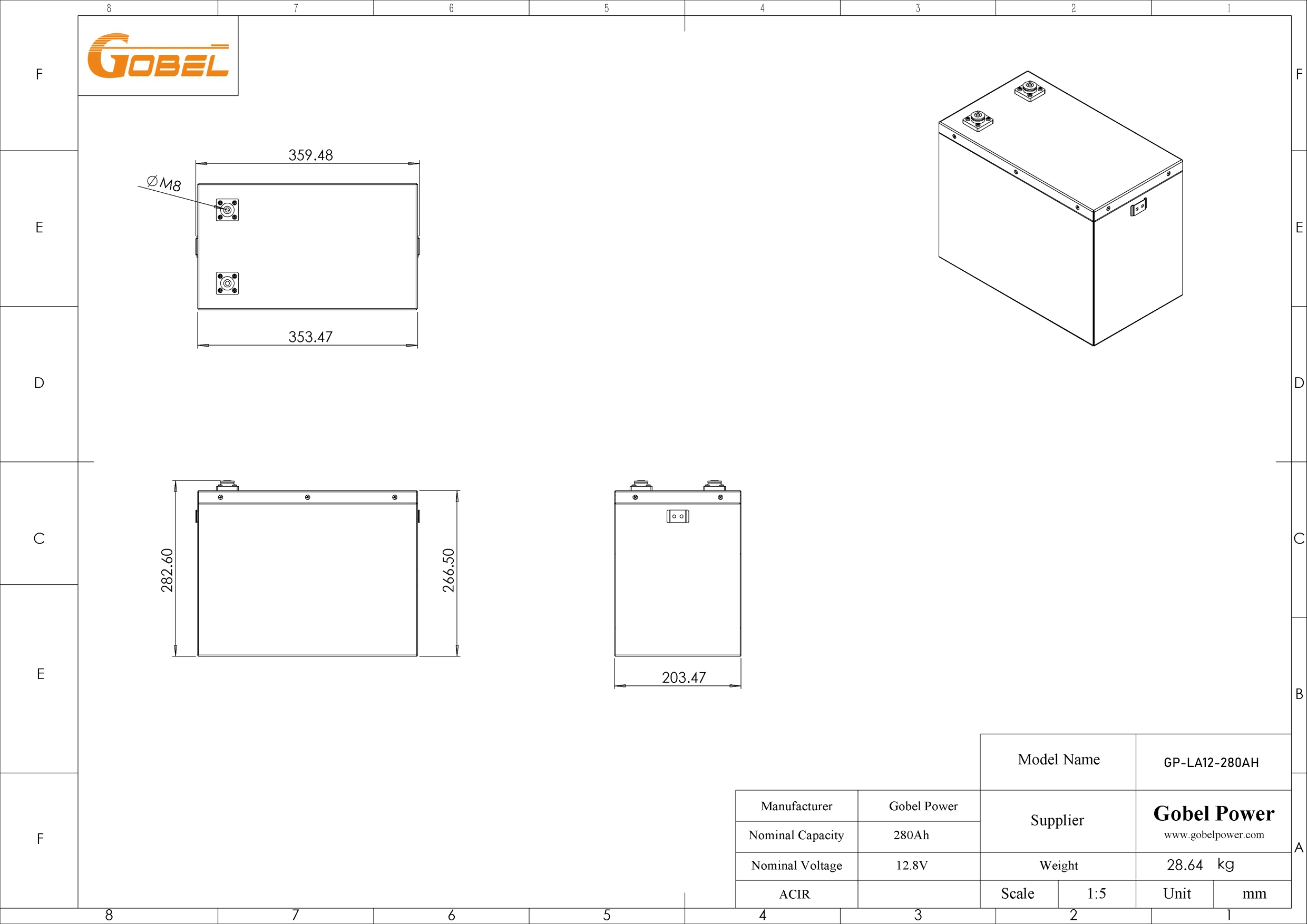 12V 280Ah LiFePO4 Battery GP-LA12-280AH Basic Deep Cycle Battery