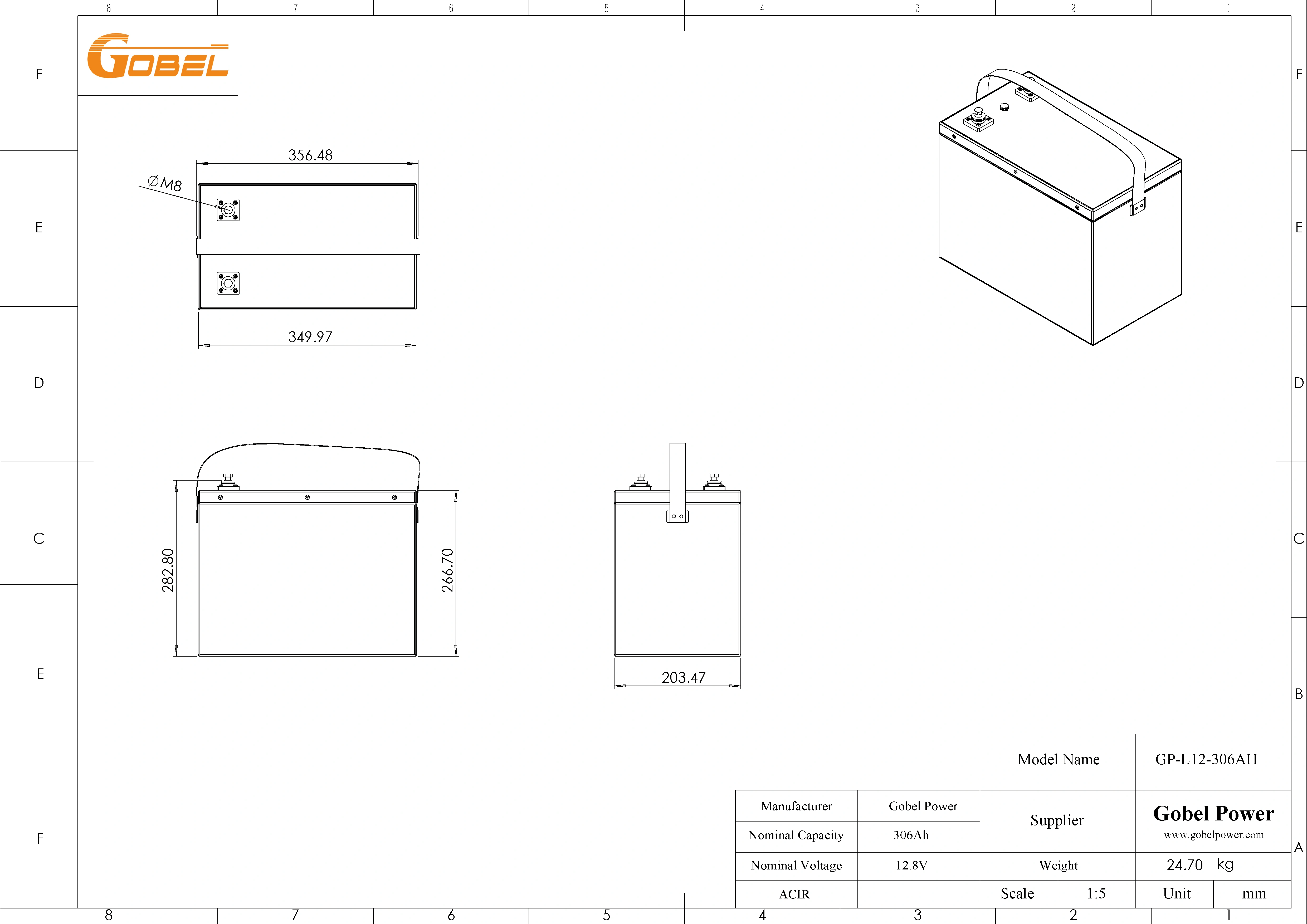 12V 306Ah LiFePO4 battery dimension