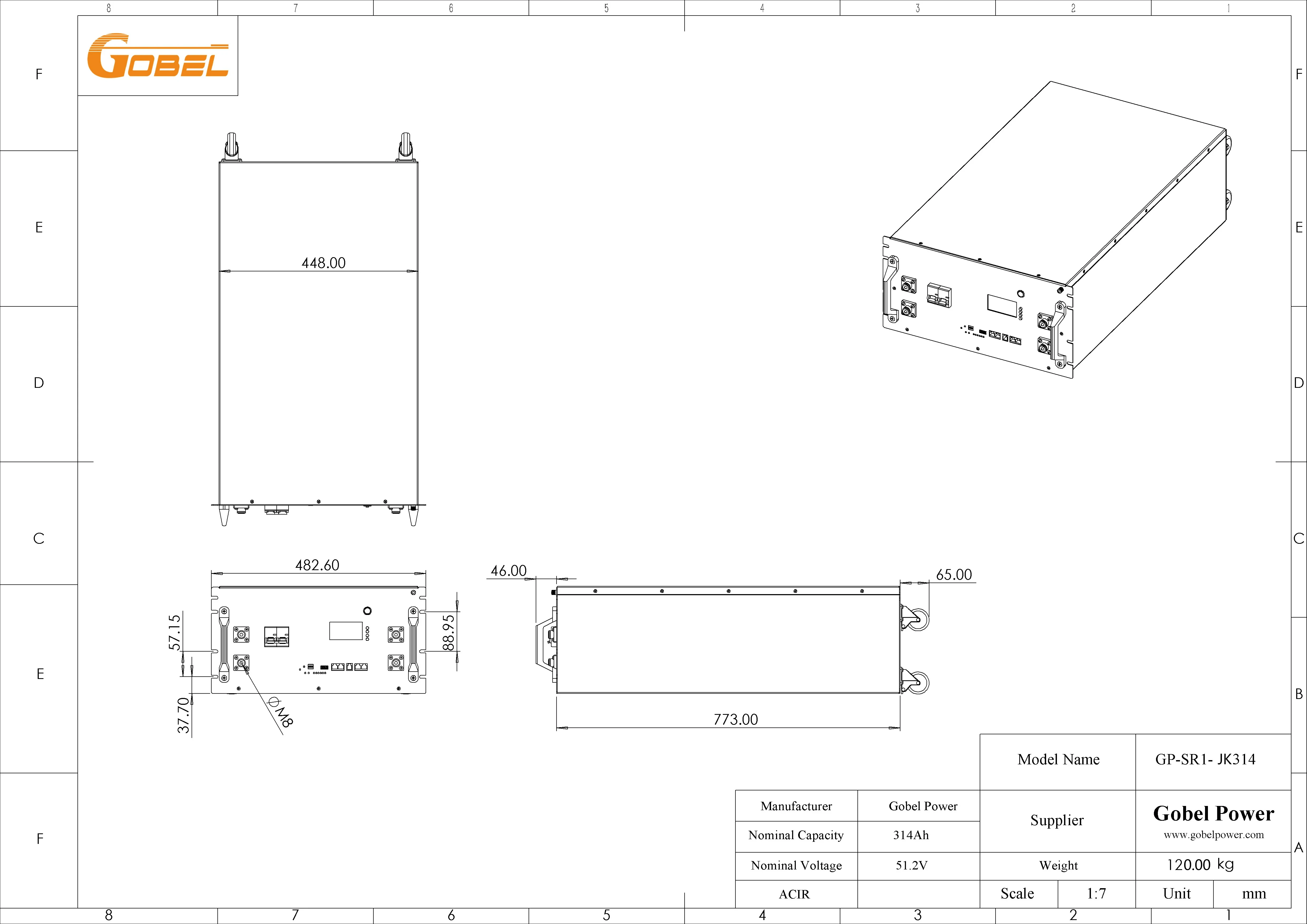 51.2V 280Ah 15kWh 10kW LiFePO4 Battery CAD Drawing