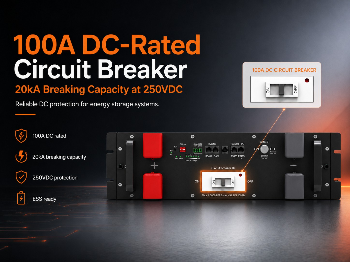 Thor 5000 LiFePO4 battery 100A DC circuit breaker with 20kA breaking capacity at 250VDC industrial safety