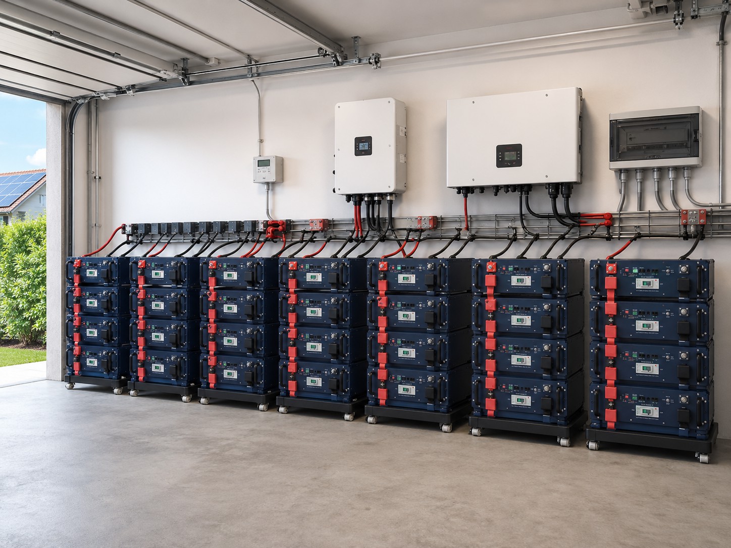 Multiple Gobel Power Thor 5000 51.2V 100Ah stackable LiFePO4 batteries in parallel for 163kWh home solar energy storage system