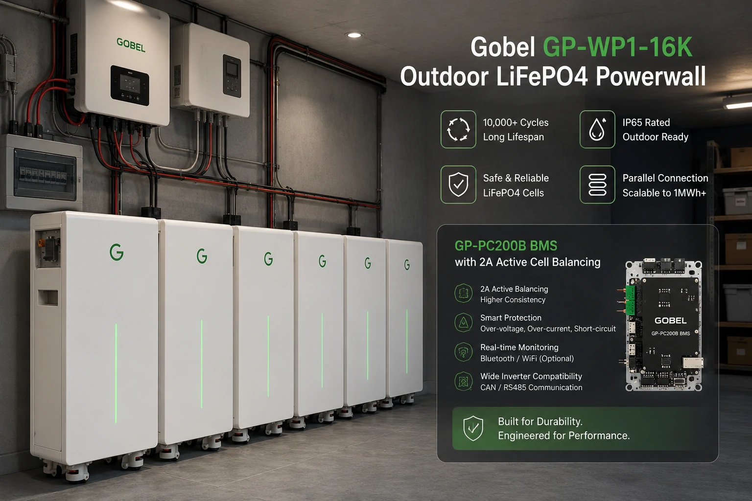 Gobel GP-PC200B BMS with 2A active cell balancing in GP-WP1-16K 10,000-cycle outdoor LiFePO4 powerwall
