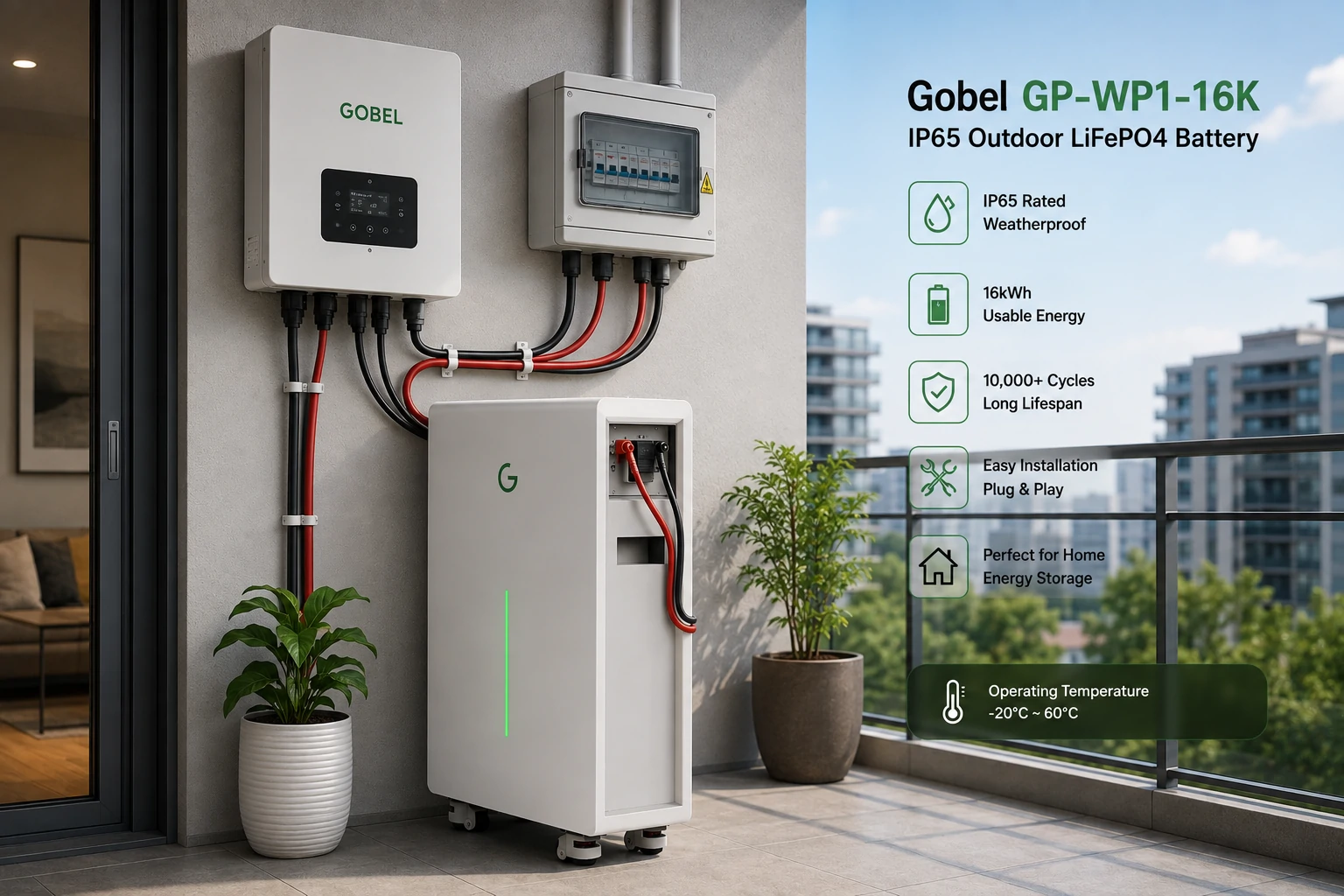 Gobel Power GP-WP1-16K IP65 rated 51.2V 314Ah 16kWh outdoor LiFePO4 battery wall-mounted on exterior