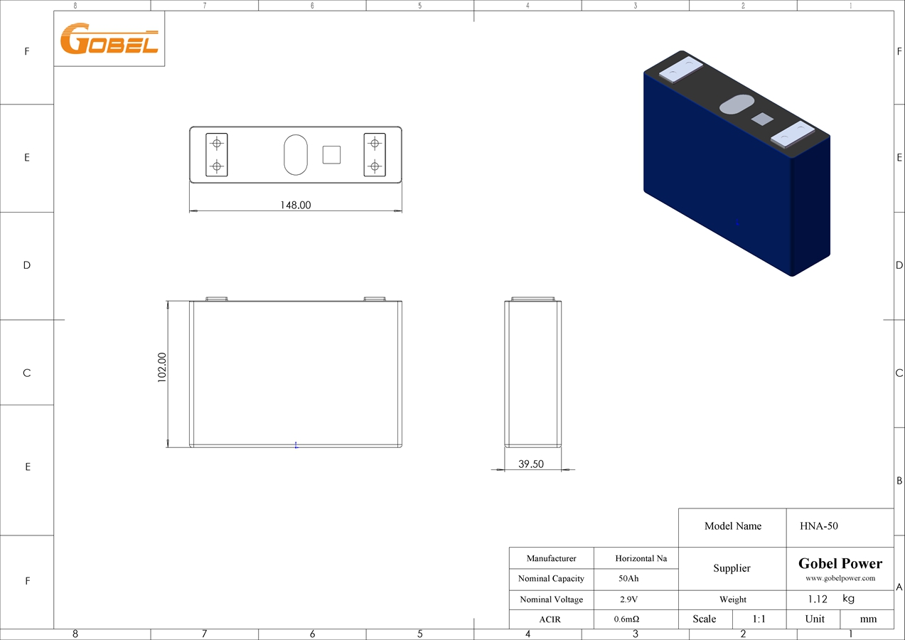 Sodium ion Battery Cell CAD Drawing with Dimensions and Main Parameters