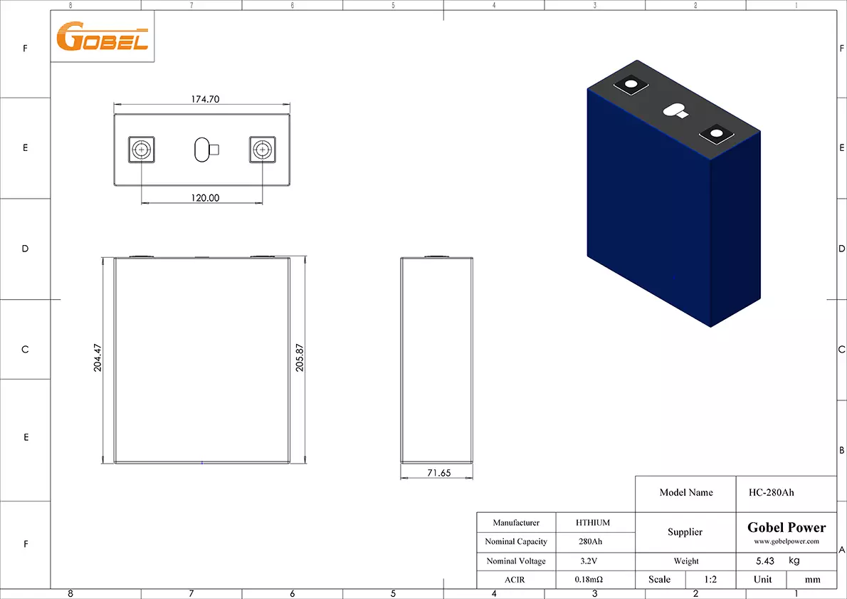 Hithium 280Ah LiFePO4 Battery Cell CAD Drawing with Dimensions and Main Parameters