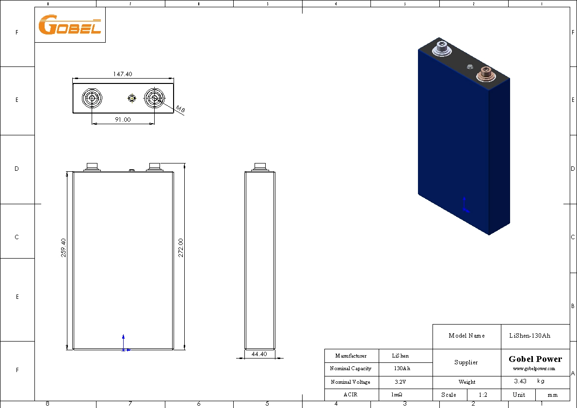 LiShen 130Ah LiFePO4 Battery Cell CAD Drawing with Dimensions and Main Parameters