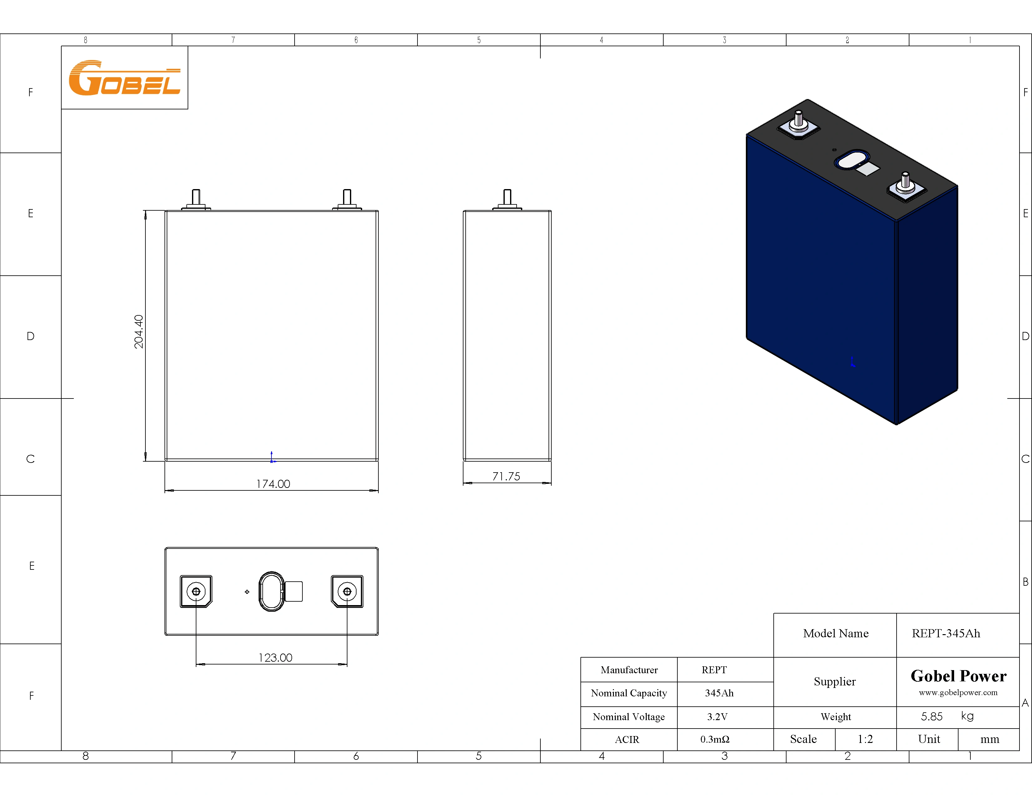 REPT 345Ah LiFePO4 Battery Cell CAD Drawing with Dimensions and Main Parameters