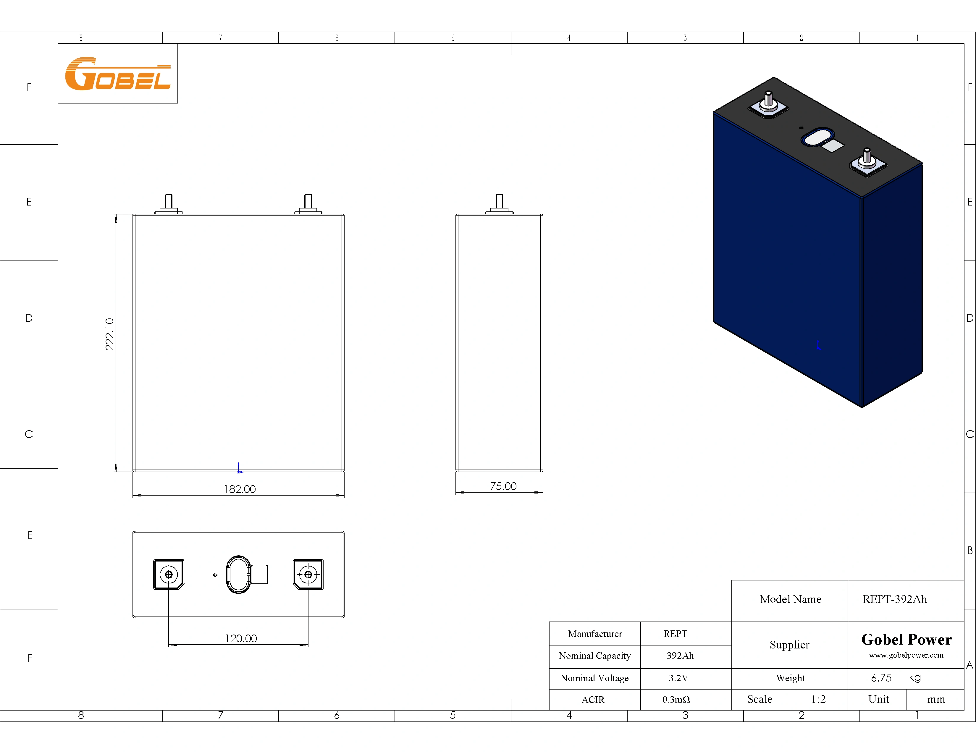REPT 392Ah LiFePO4 Battery Cell CAD Drawing with Dimensions and Main Parameters