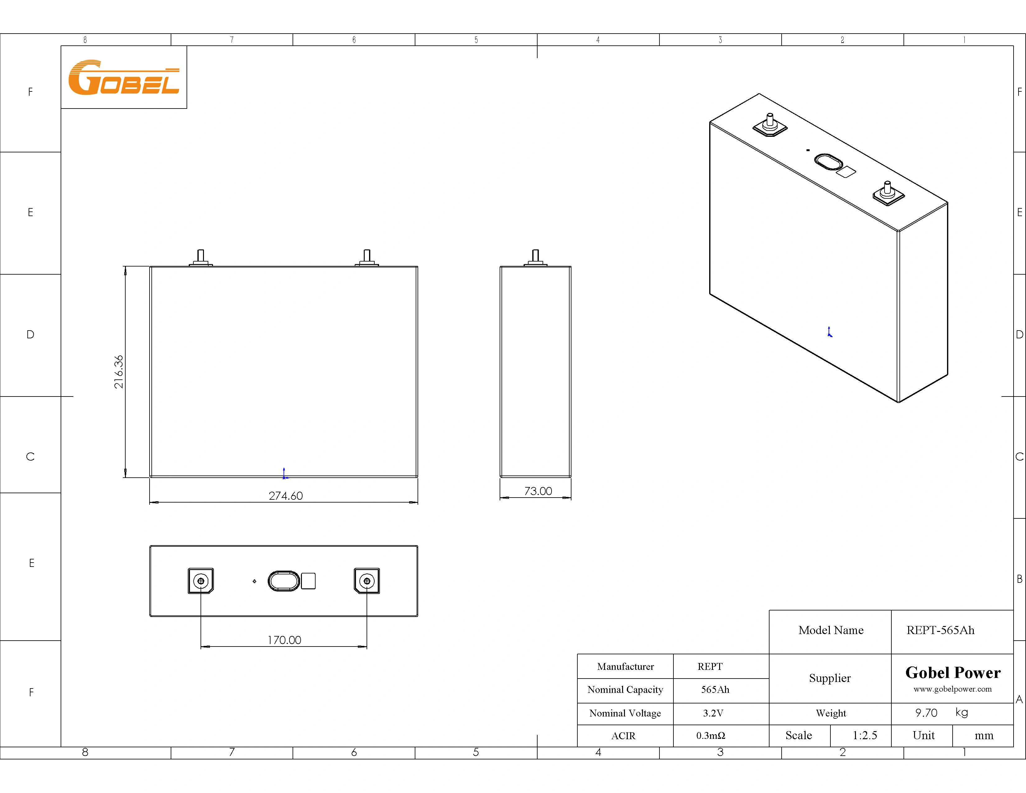 REPT 565Ah LiFePO4 Battery Cell CAD Drawing with Dimensions and Main Parameters