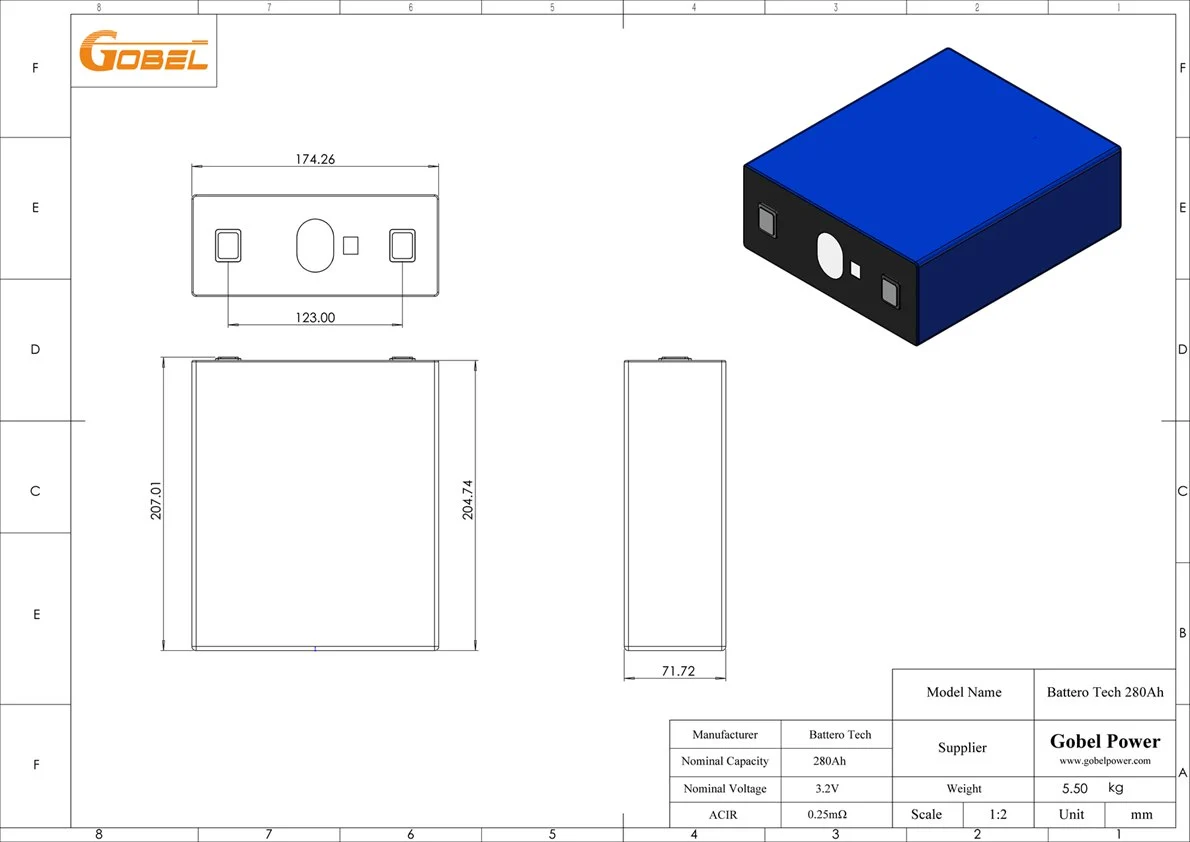 EVE 280Ah LiFePO4 Battery Cell CAD Drawing with Dimensions and Main Parameters
