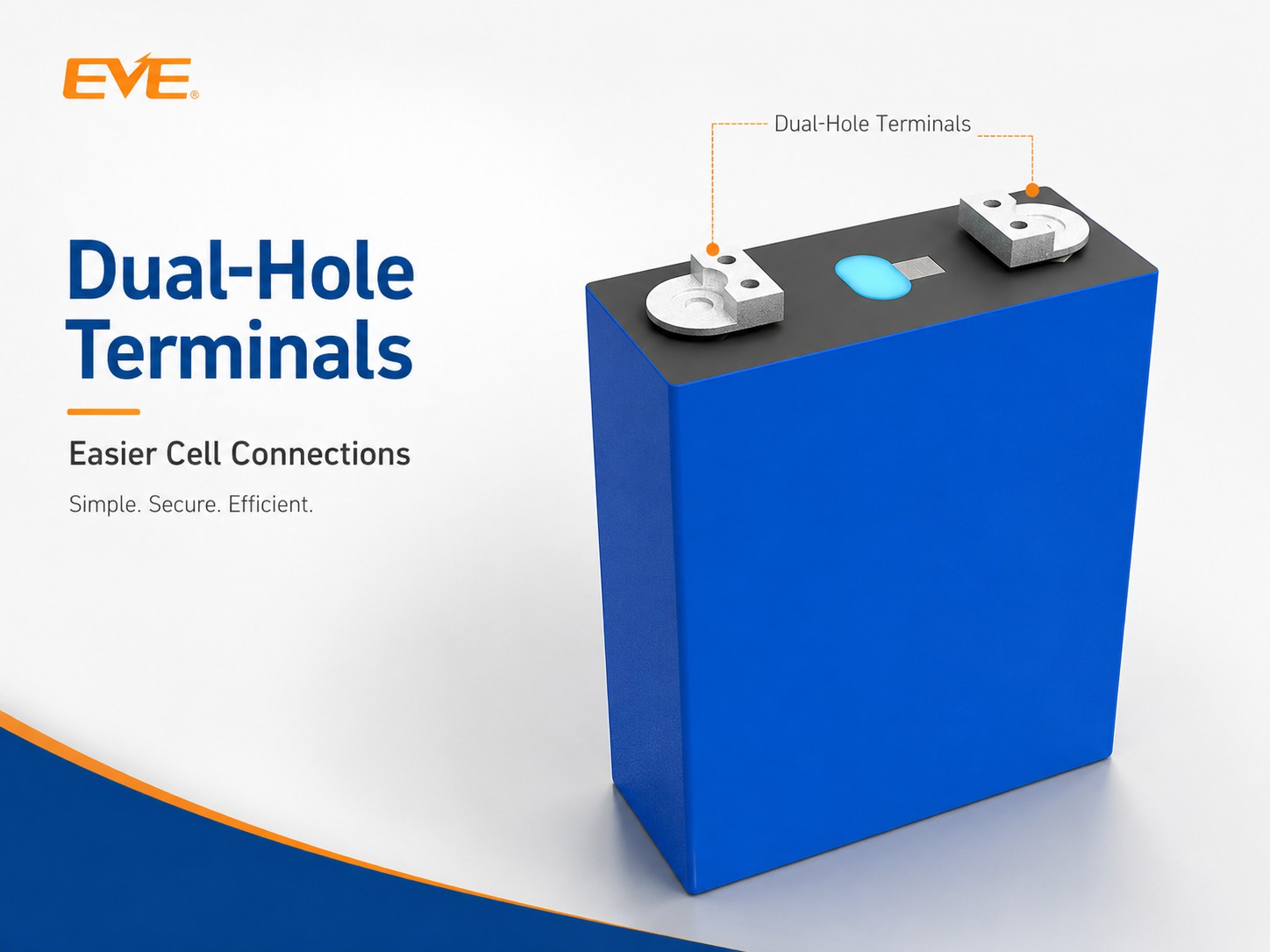 EVE MB31 3.2V 314Ah dual thread LiFePO4 prismatic battery cell front view with M6 dual-thread terminals