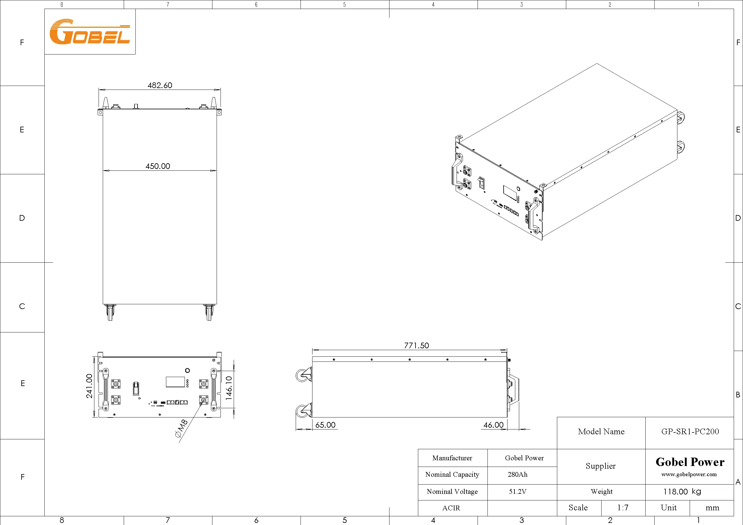 51.2V 280Ah 15kWh 10kW LiFePO4 Battery CAD Drawing